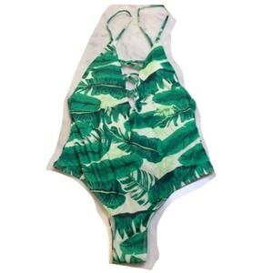 Tropical Leaf Print One Piece Swimsuit Halter Neck Lace Up Back Padded